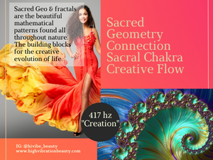 This image displays that this high vibe skincare set is all about tapping into creative life force energy. Infused with Ruby gemstone, Citrus Lily & Egyptian Marigold. This set is tuned to 417 HZ, the frequency harmonic creative intelligence in the universe.