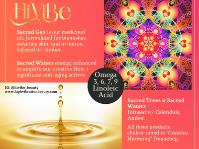 This image displays that this high vibe skincare set is all about tapping into creative life force energy. Infused with Ruby gemstone, Citrus Lily & Egyptian Marigold. This set is tuned to 417 HZ, the frequency harmonic creative intelligence in the universe.