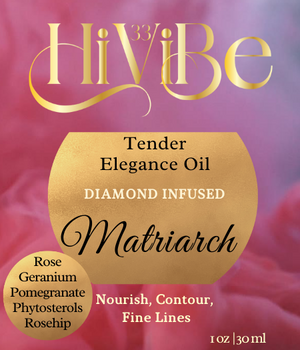 image of pink label displaying the words "Matriarch", "Tender Elegance", and "Diamond Infused" and connecting this product to the crown chakra