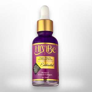luxury face serum, "enchanted" tuned to the third eye chakra, infused with 852hz solfeggio frequency, collagen boosting filled with mushroomsm to thicken skin and catalyze collagen chromotherapy purple bottle
