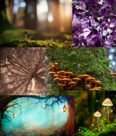 collage of the ingredients, enchanted forest, amethyst, mushrooms surrounding a tree, an image signifying imagination