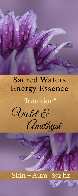 Image of label describing how this skincare essence is then infused for weeks with Violet flower petals and Amethyst & purple gemstones to extract the vibrational energies of these powerfully purple & third eye chakra supporting ingredients.